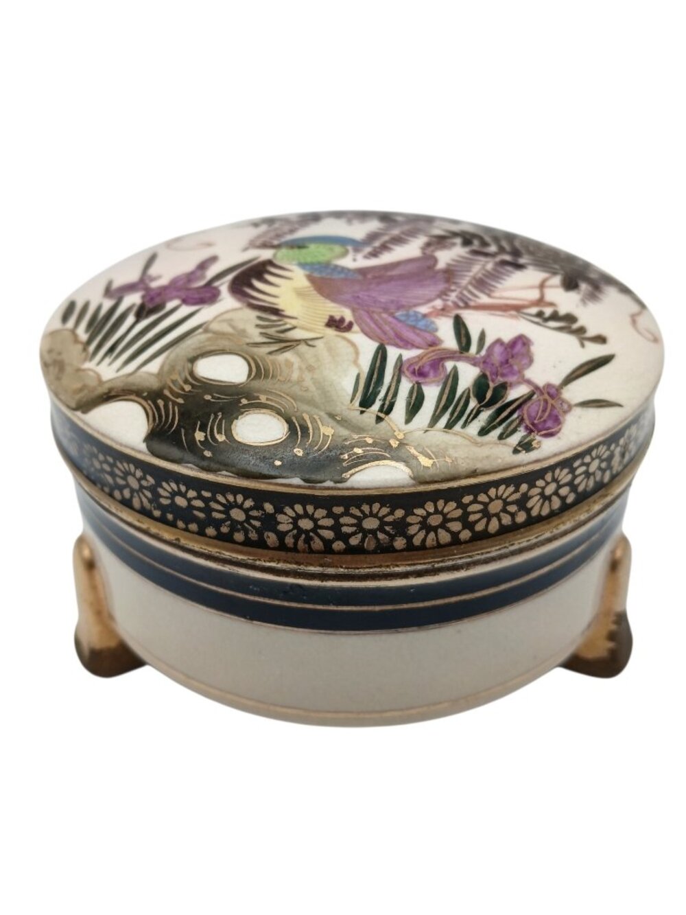 Japanese Satsuma Trinket Box, Footed Jewelry Box, Bird & Floral Crackle Glaze
